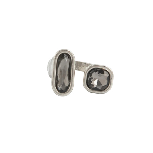 Gray Crystal and Silvertone Rectangle Square Open Ring, botanical inspired, front view