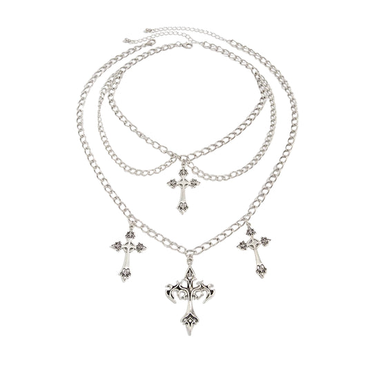 Silvertone Cross Tassel Layered Necklace Set, silver pendant necklace for women, vintage-inspired design, front view
