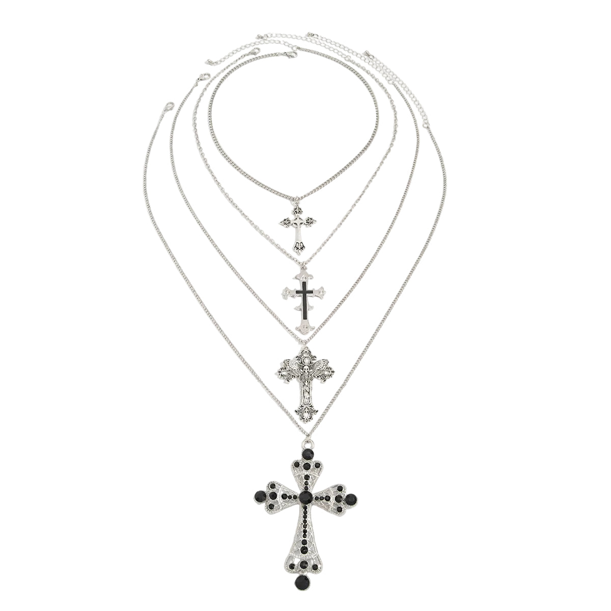 Black Cubic Zirconia and Enamel Silvertone Cross Pendant Necklace Set, silver pendant necklace for women, front view