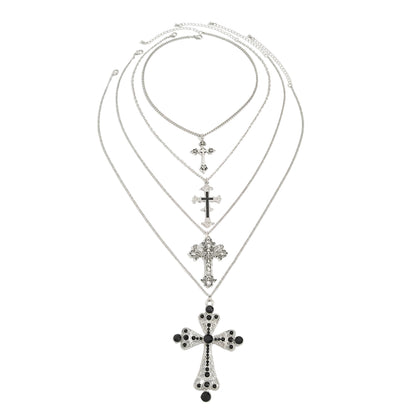 Black Cubic Zirconia and Enamel Silvertone Cross Pendant Necklace Set, silver pendant necklace for women, front view