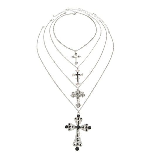 Black Cubic Zirconia and Enamel Silvertone Cross Pendant Necklace Set, silver pendant necklace for women, front view
