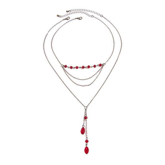 Red Acrylic and Blacktone Beads Drop Pendant Layered Necklace Set, pendant necklace for women, front view