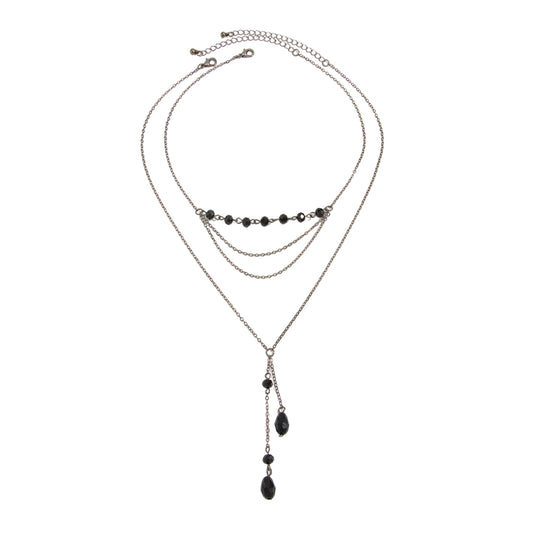 Black Acrylic and Blacktone Beads Drop Pendant Layered Necklace Set, pendant necklace for women, front view