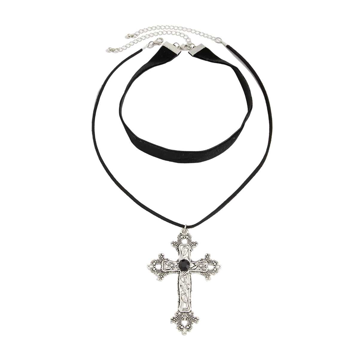 Black Cubic Zirconia and Polyster Silvertone Cross Pendant Necklace Set, silver pendant necklace for women, front view