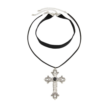 Black Cubic Zirconia and Polyster Silvertone Cross Pendant Necklace Set, silver pendant necklace for women, front view