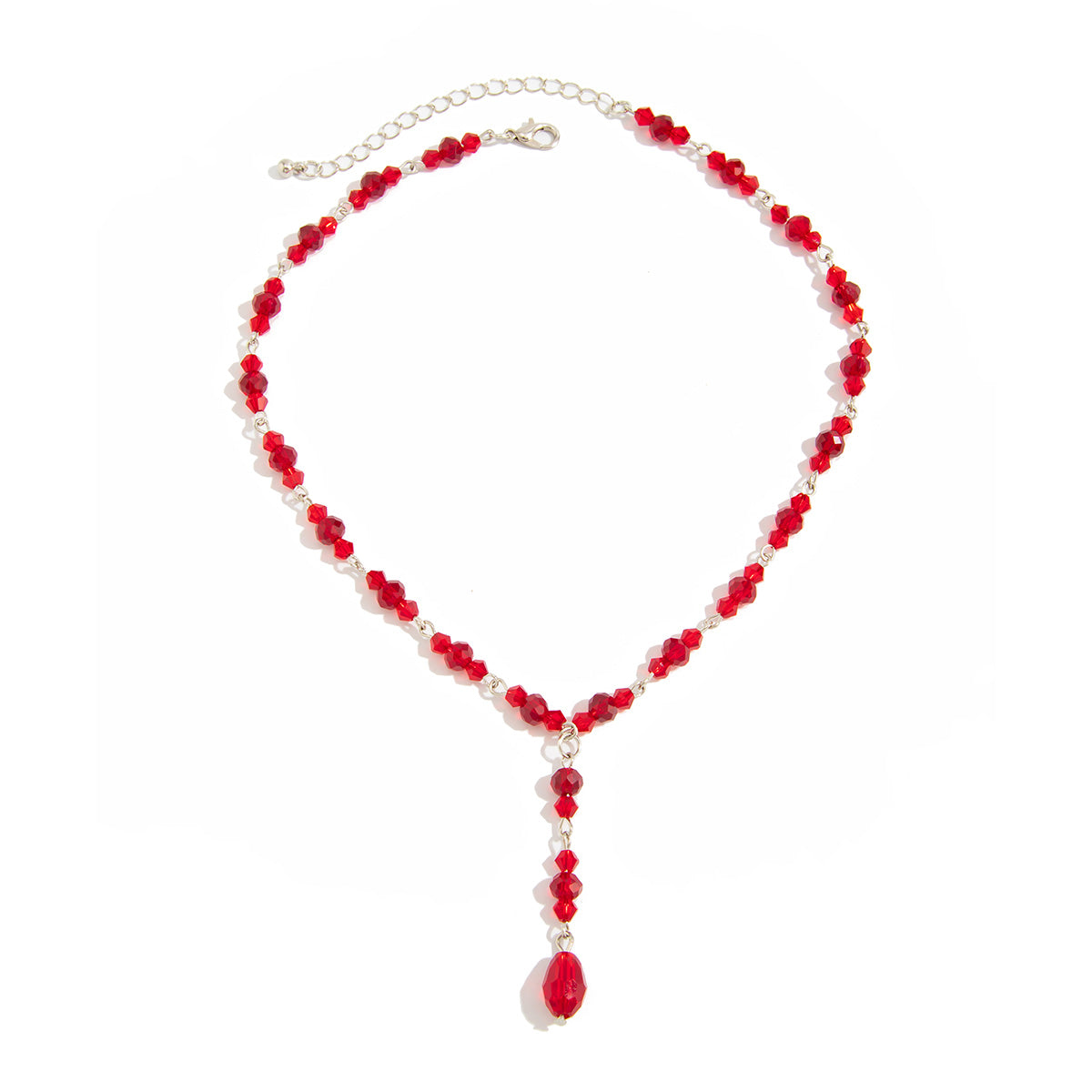 Red Acrylic and Silvertone Y-Necklace, dainty minimalist design, front view