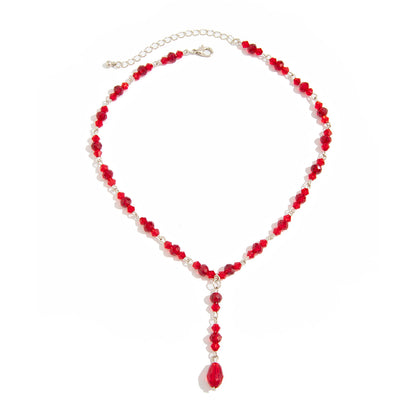 Red Acrylic and Silvertone Y-Necklace, dainty minimalist design, front view