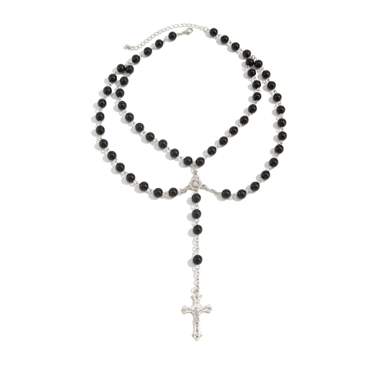 Black Acrylic and Silvertone Cross Pendant Layered Necklace, everyday style, front view