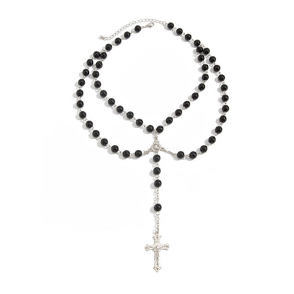 Black Acrylic and Silvertone Cross Pendant Layered Necklace, everyday style, front view