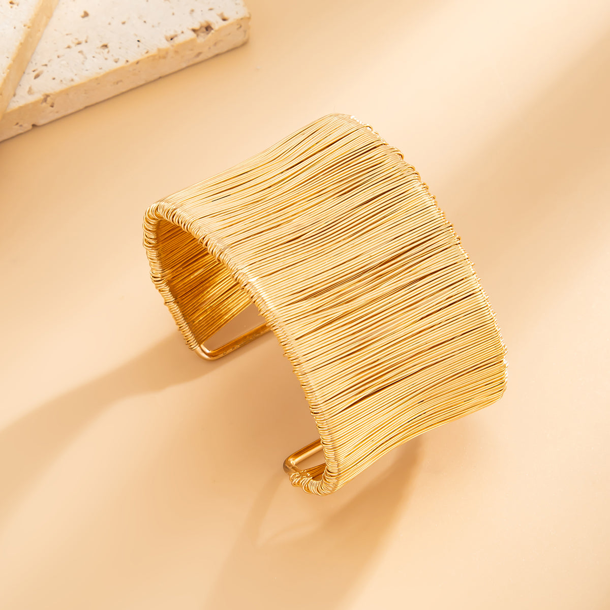 Goldtone Wire Drawing Layered Cuff, gold bracelet for women, vintage-inspired design, side view