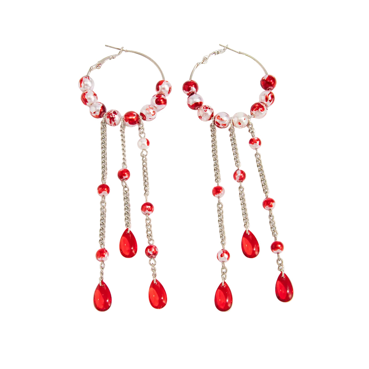 Red Crystal & Enamel Pearl Silvertone Beaded Hoop Tassel Dangle Earrings