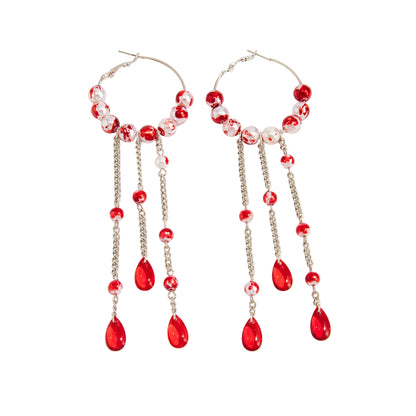 Red Crystal & Enamel Pearl Silvertone Beaded Hoop Tassel Dangle Earrings