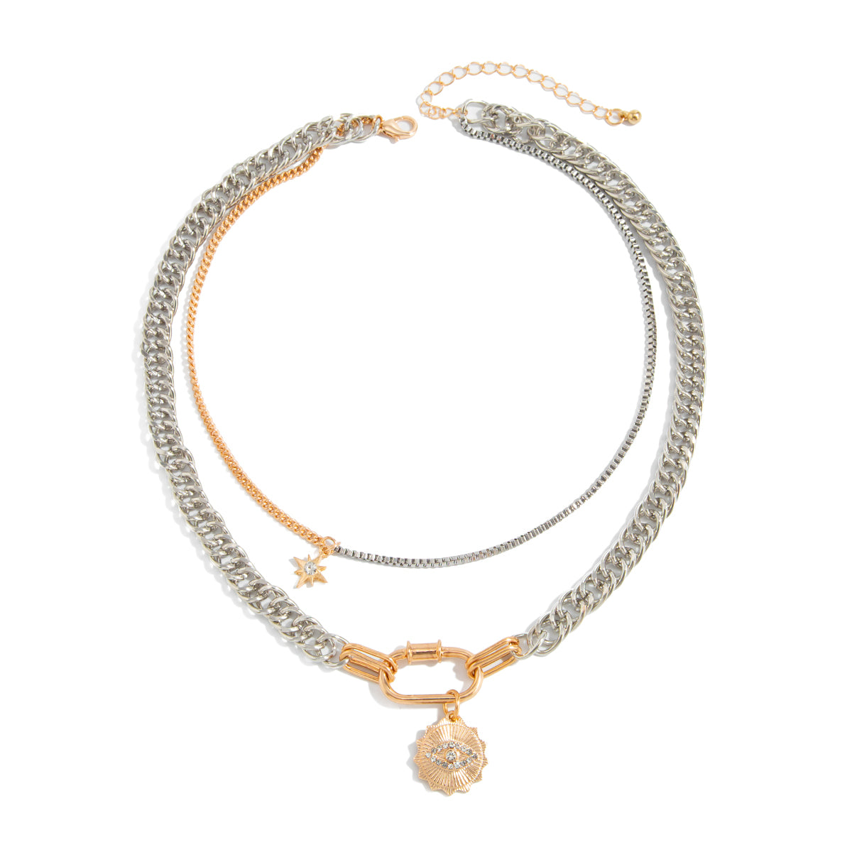 Cubic Zirconia and Two Tone Eye Pendant Layered Necklace, dainty minimalist design, front view