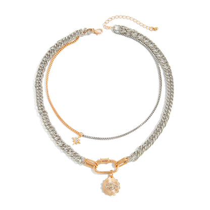 Cubic Zirconia and Two Tone Eye Pendant Layered Necklace, dainty minimalist design, front view