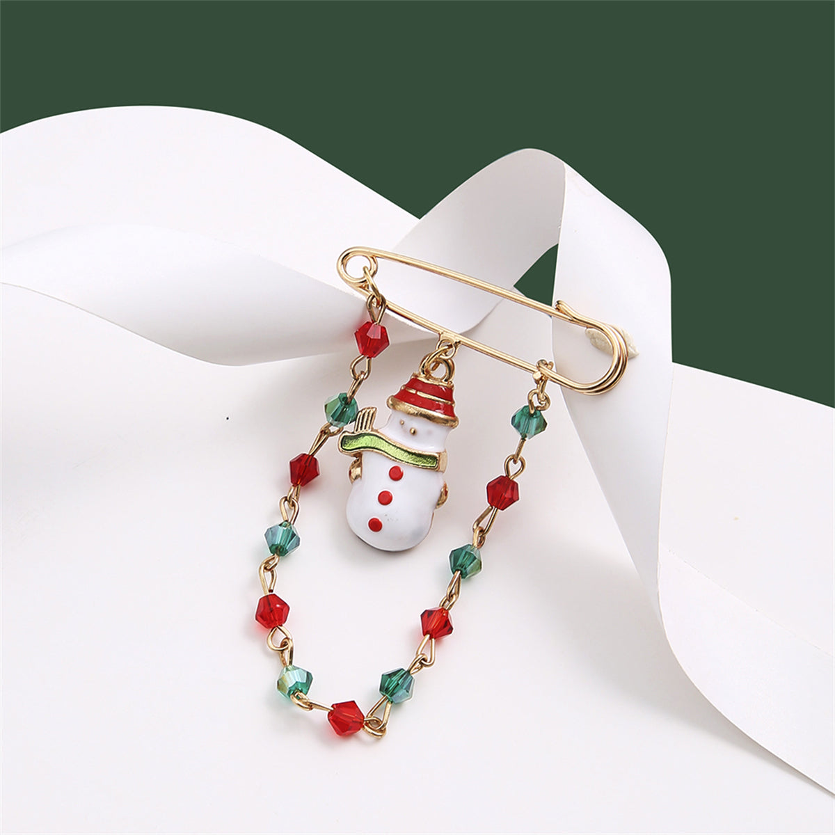 18K Gold-Plated and Multicolor Bead Snowman Chain Brooch, gold brooch pin, dainty minimalist design, side view