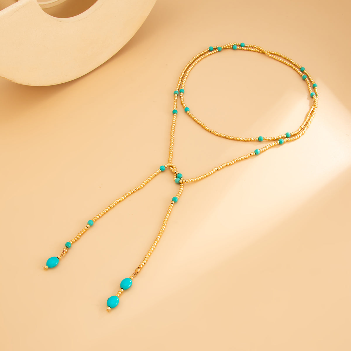 Turqouise and Goldtone Beaded Chain Necklace, elegant gift for her, side view