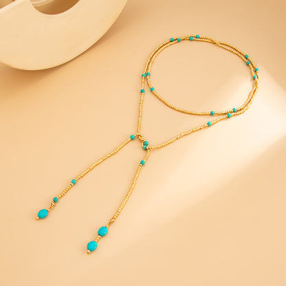 Turqouise and Goldtone Beaded Chain Necklace, elegant gift for her, side view