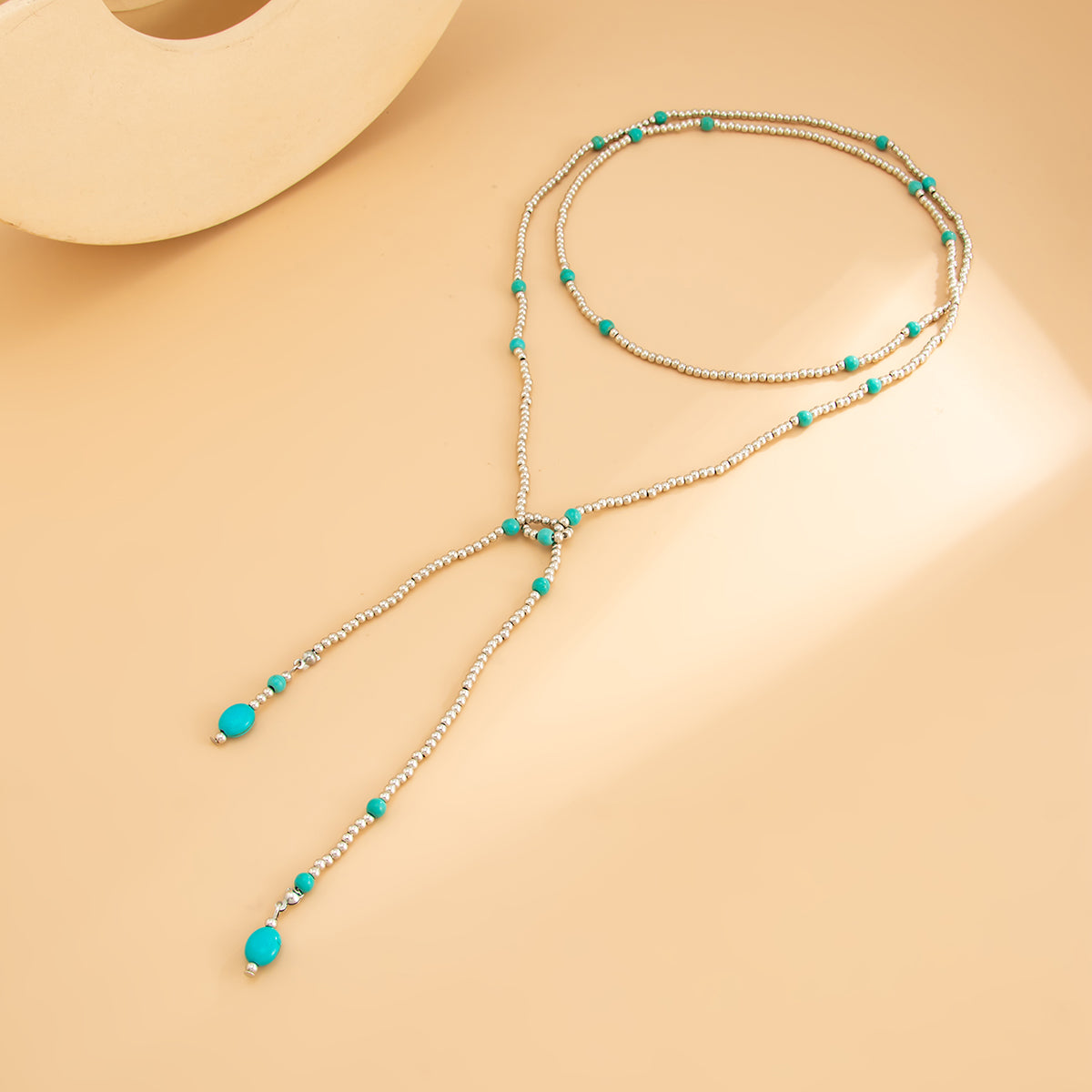 Turqouise and Silvertone Beaded Chain Necklace, dainty minimalist design, side view