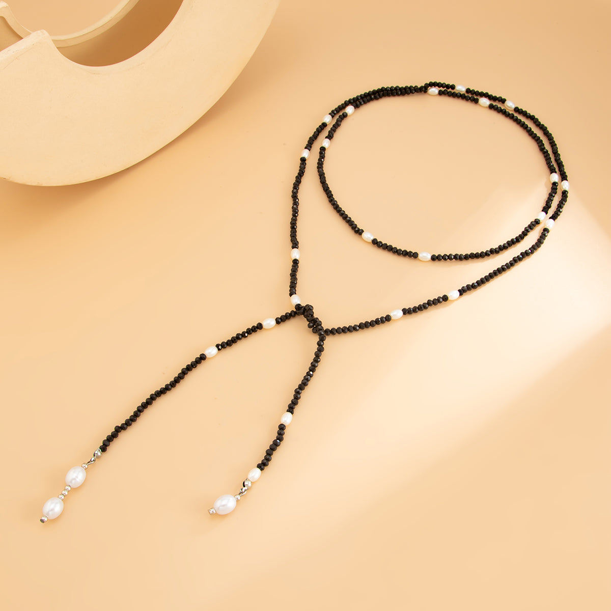 Black Acrylic and Pearl Silvertone Beaded Chain Necklace, vintage-inspired design, side view