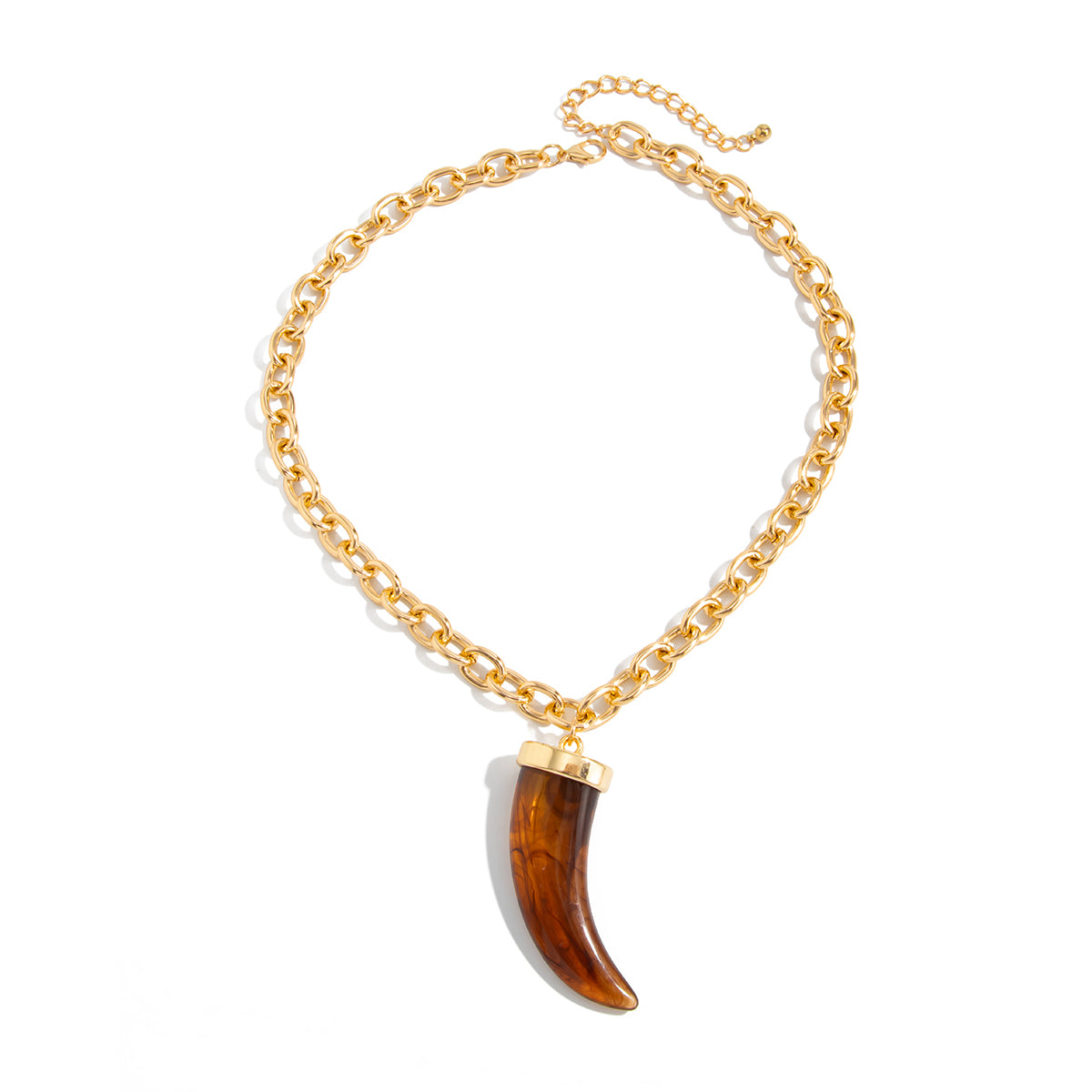 Red Resin and Goldtone Wolf Tooth Pendant Necklace, botanical inspired, front view