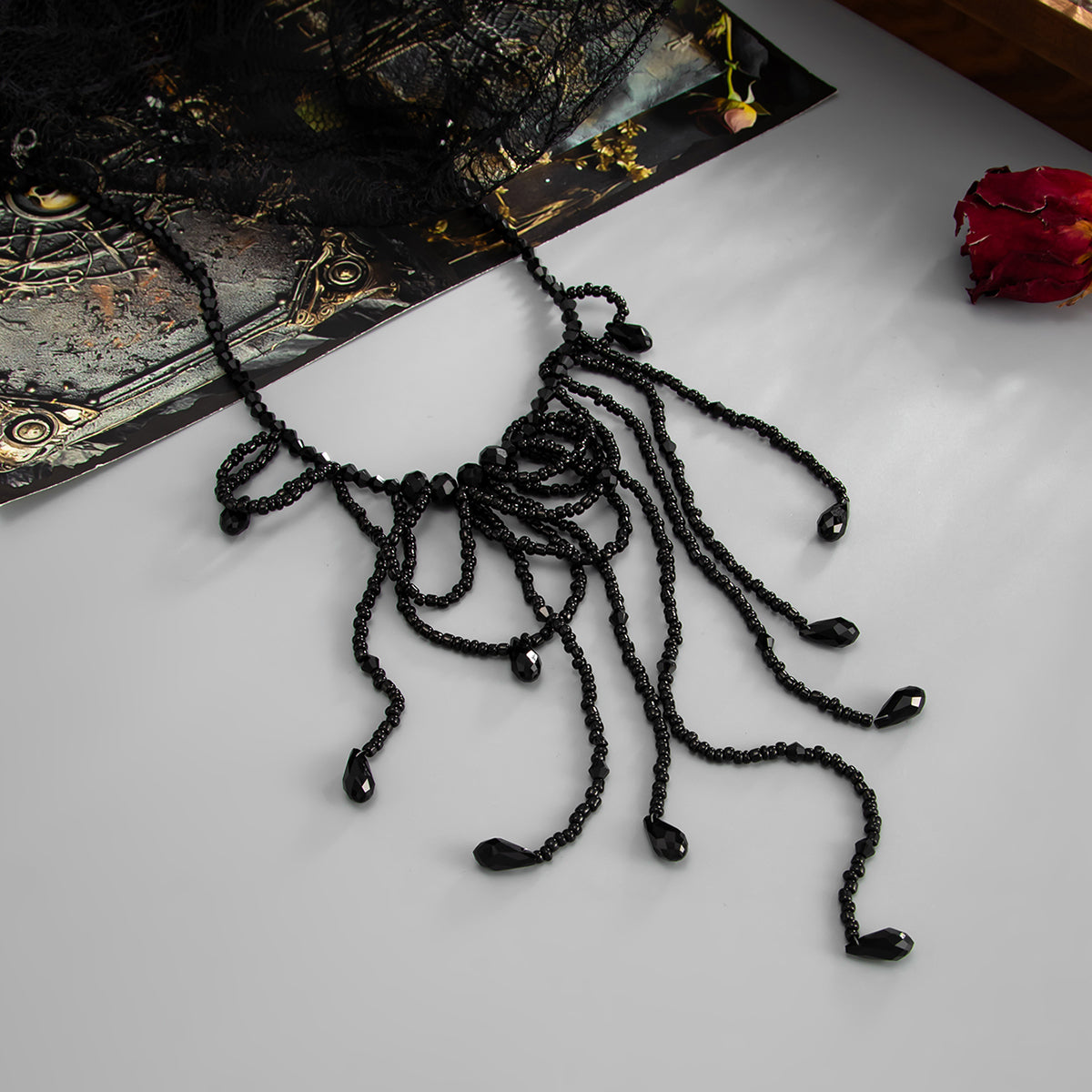 Black Acrylic and Silvertone Tassel Necklace, everyday style, detail close-up