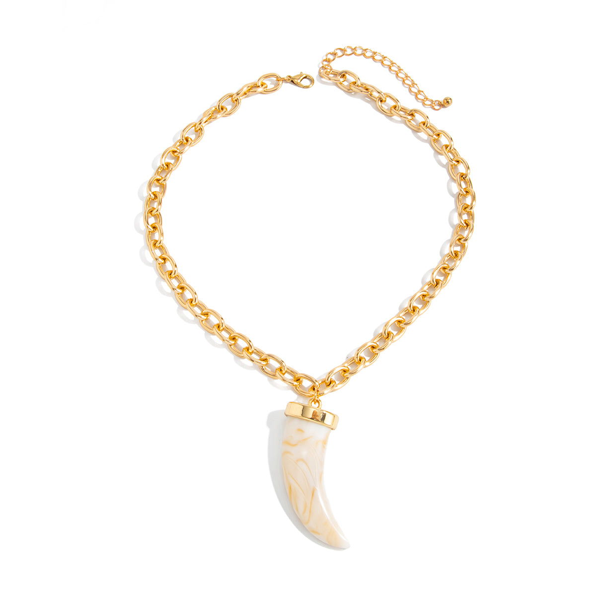 White Resin and Goldtone Wolf Tooth Pendant Necklace, dainty minimalist design, front view
