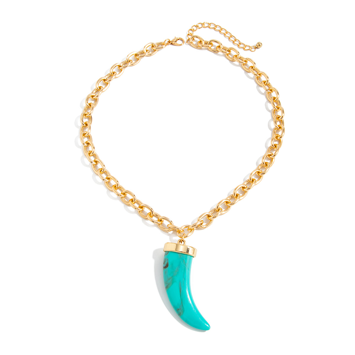 Blue Resin and Goldtone Wolf Tooth Pendant Necklace, everyday style, front view