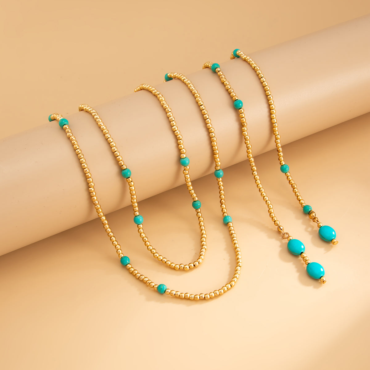 Turqouise and Goldtone Beaded Chain Necklace, elegant gift for her, detail close-up
