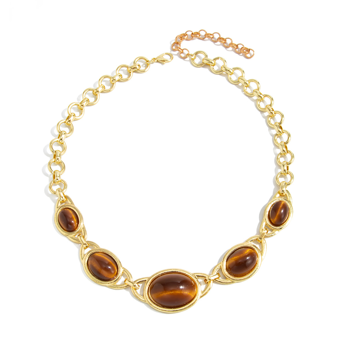 Tiger's Eye‌ and Goldtone Graduated Oval Station Necklace, vintage-inspired design, front view