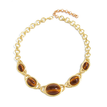 Tiger's Eye‌ and Goldtone Graduated Oval Station Necklace, vintage-inspired design, front view