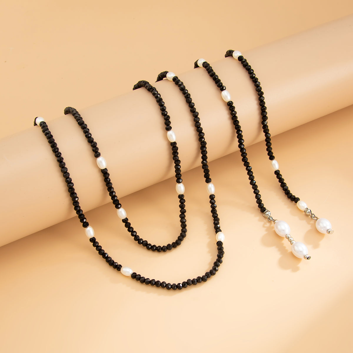 Black Acrylic and Pearl Silvertone Beaded Chain Necklace, vintage-inspired design, detail close-up