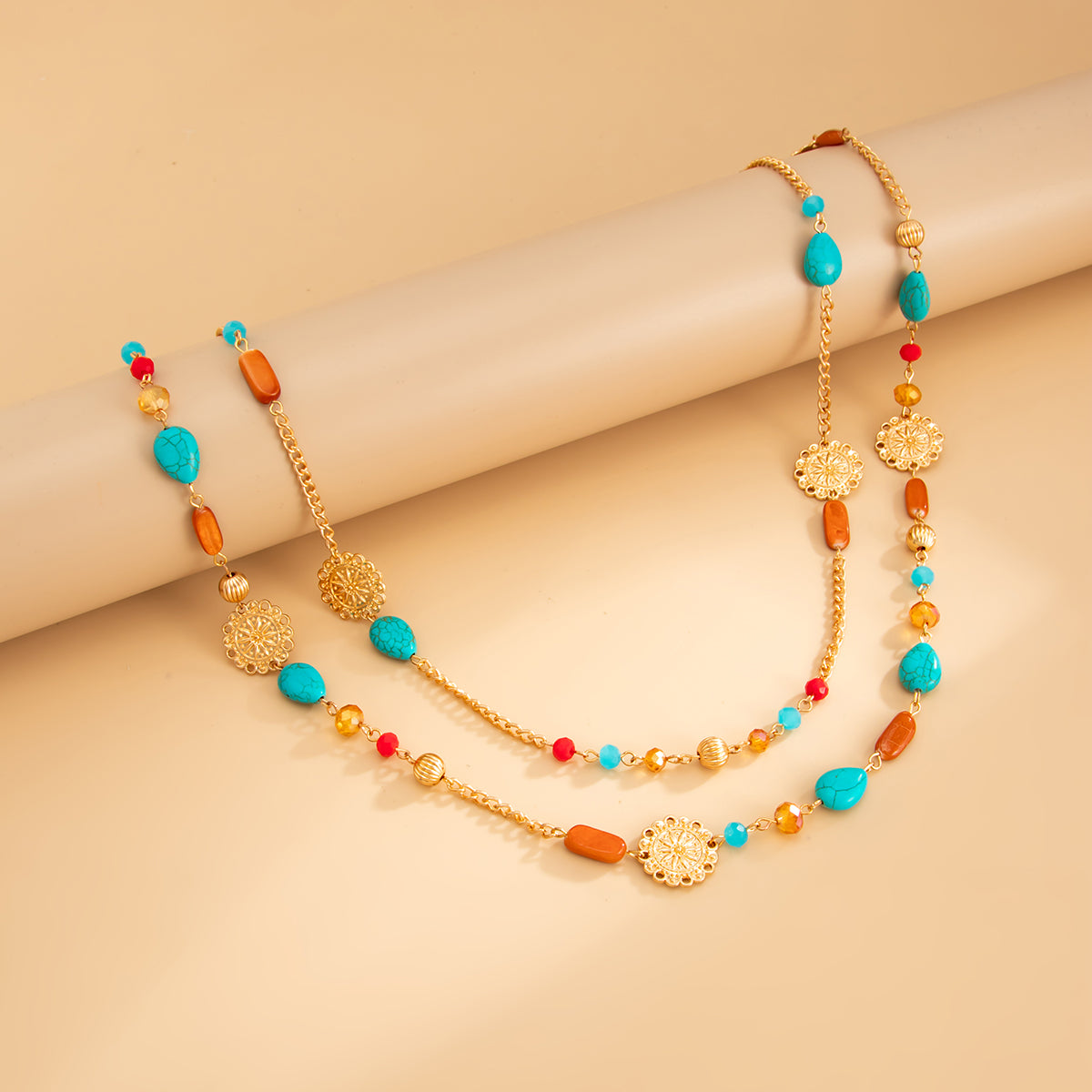 Resin and Turqouise Acrylic Goldtone Flower Plate Layered Necklace, vintage-inspired design, side view