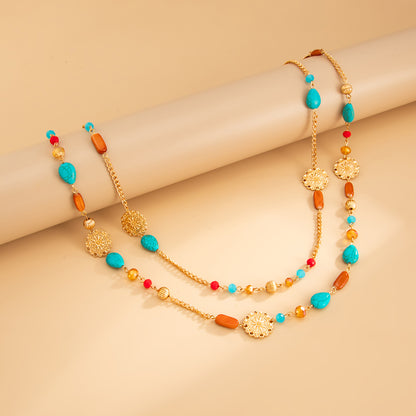 Resin and Turqouise Acrylic Goldtone Flower Plate Layered Necklace, vintage-inspired design, side view
