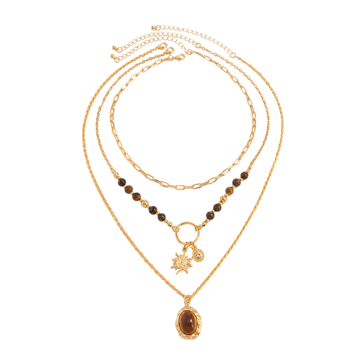 Tiger's Eye & Cubic Zirconia Goldtone Sun Oval Pendant Necklace Set