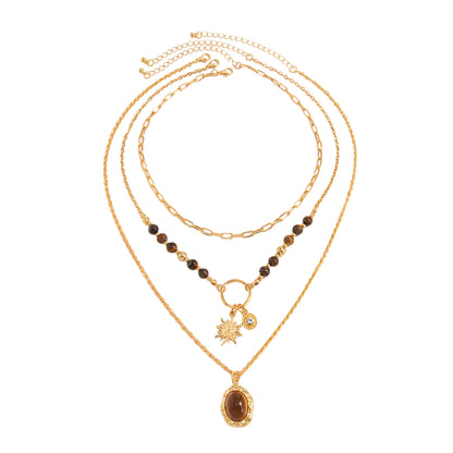 Tiger's Eye & Cubic Zirconia Goldtone Sun Oval Pendant Necklace Set