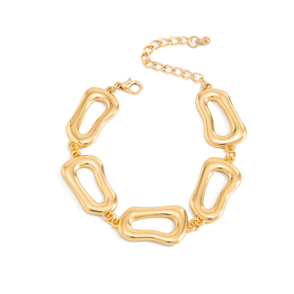Goldtone Open Irregular Charm Link Bracelet, gold bracelet for women, elegant gift for her, front view