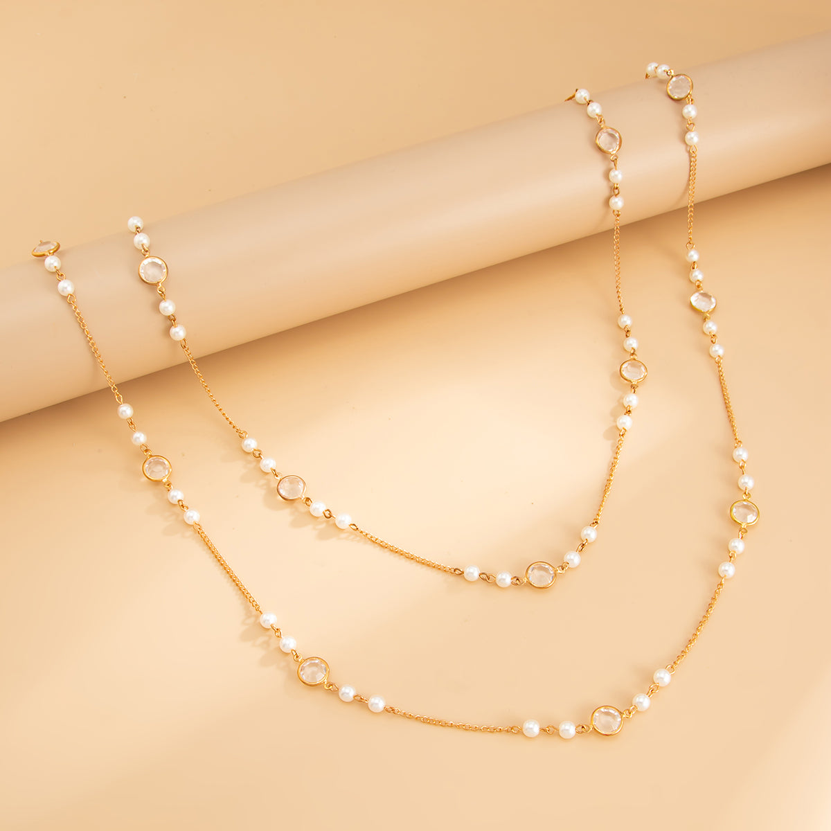 Pearl and Clear Crystal Goldtone Beads Chain Long Necklace Set, gold pendant necklace for women, everyday style, side view