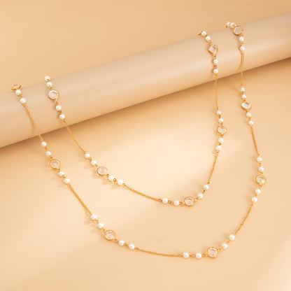 Pearl and Clear Crystal Goldtone Beads Chain Long Necklace Set, gold pendant necklace for women, everyday style, side view