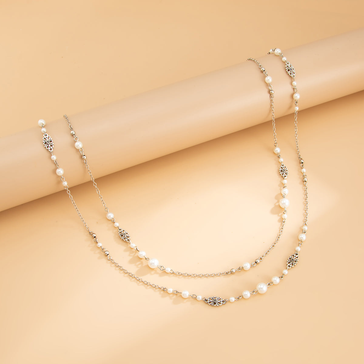 Pearl and Silvertone Butterfly Station Long Necklace Set, silver pendant necklace for women, side view
