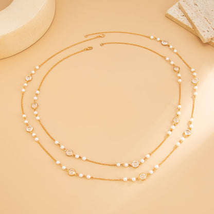Pearl and Clear Crystal Goldtone Beads Chain Long Necklace Set, gold pendant necklace for women, detail close-up