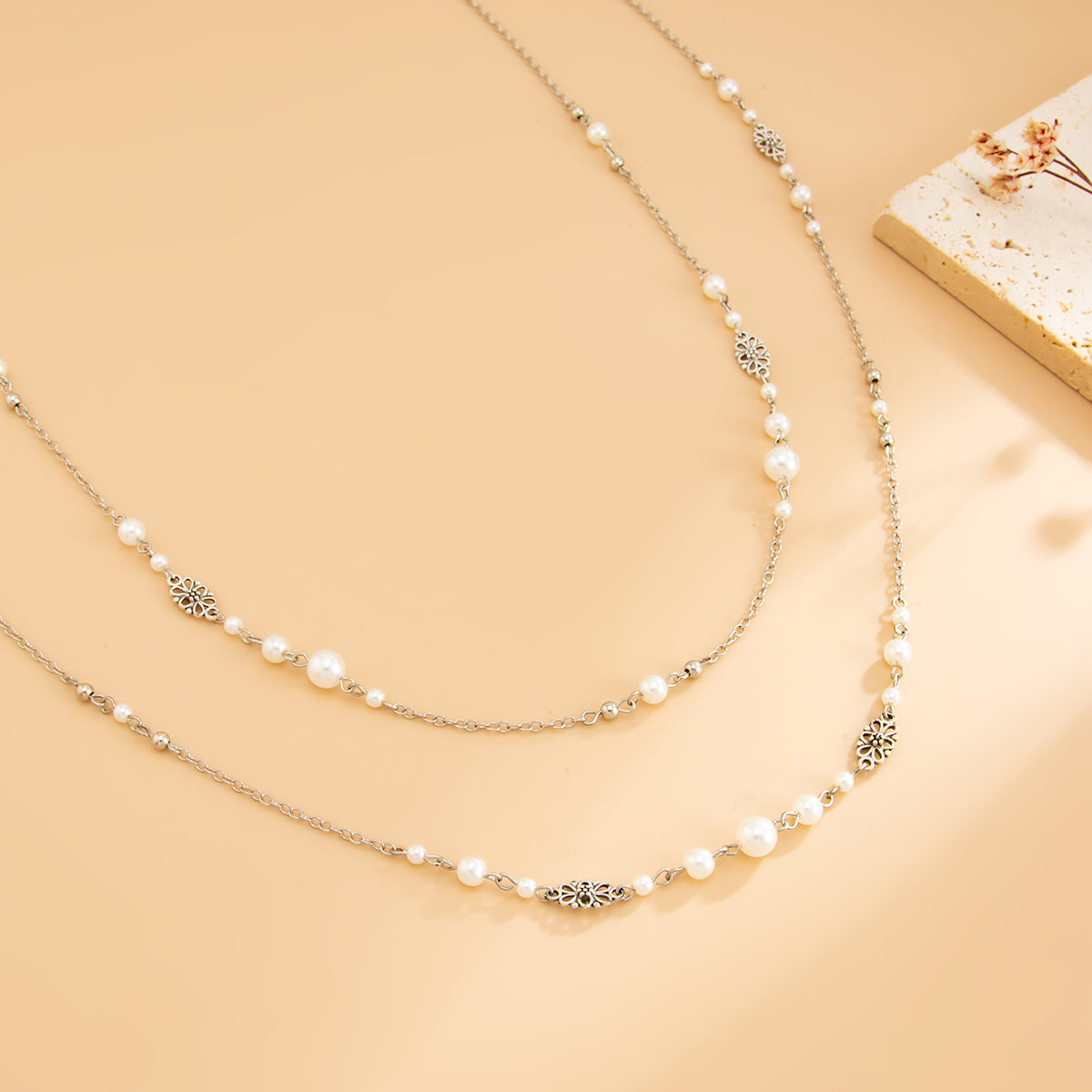Pearl and Silvertone Butterfly Station Long Necklace Set, silver pendant necklace for women, detail close-up