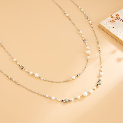 Pearl and Silvertone Butterfly Station Long Necklace Set, silver pendant necklace for women, detail close-up