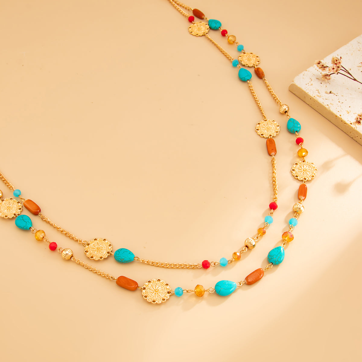 Resin and Turqouise Acrylic Goldtone Flower Plate Layered Necklace, vintage-inspired design, detail close-up