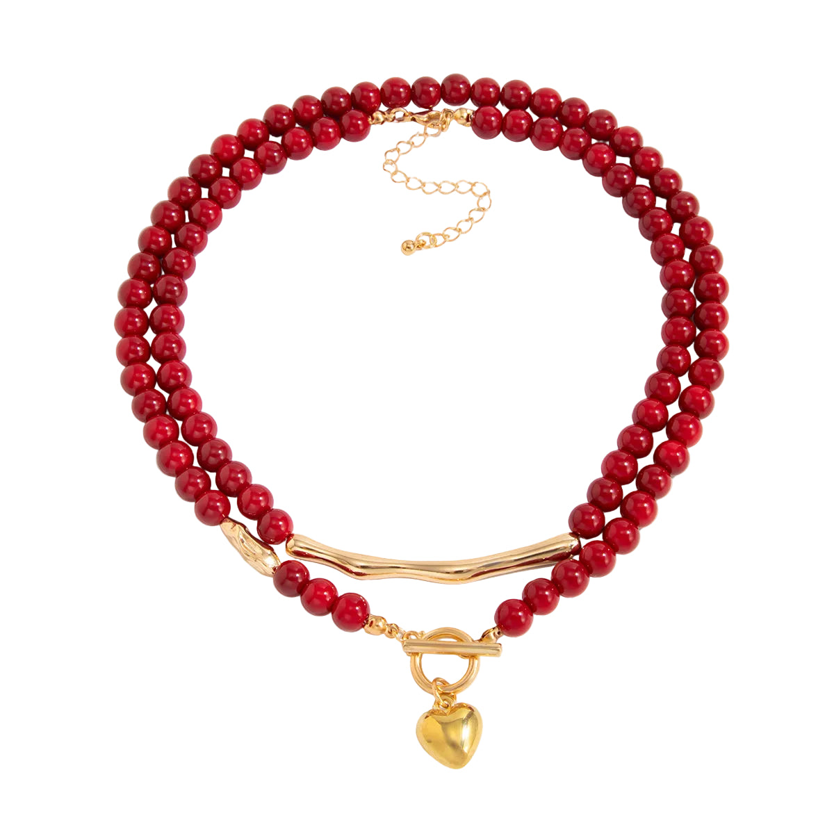 Red Resin & Goldtone Beads Chain Bar Heart Pendant Necklace Set