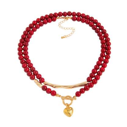 Red Resin & Goldtone Beads Chain Bar Heart Pendant Necklace Set