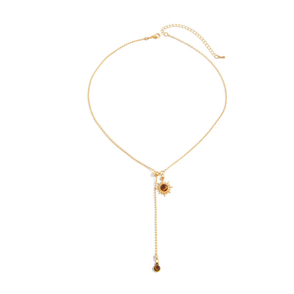Tiger's Eye‌ and Goldtone Sun Lariat Necklace, vintage-inspired design, front view