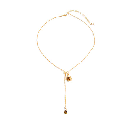 Tiger's Eye‌ and Goldtone Sun Lariat Necklace, vintage-inspired design, front view