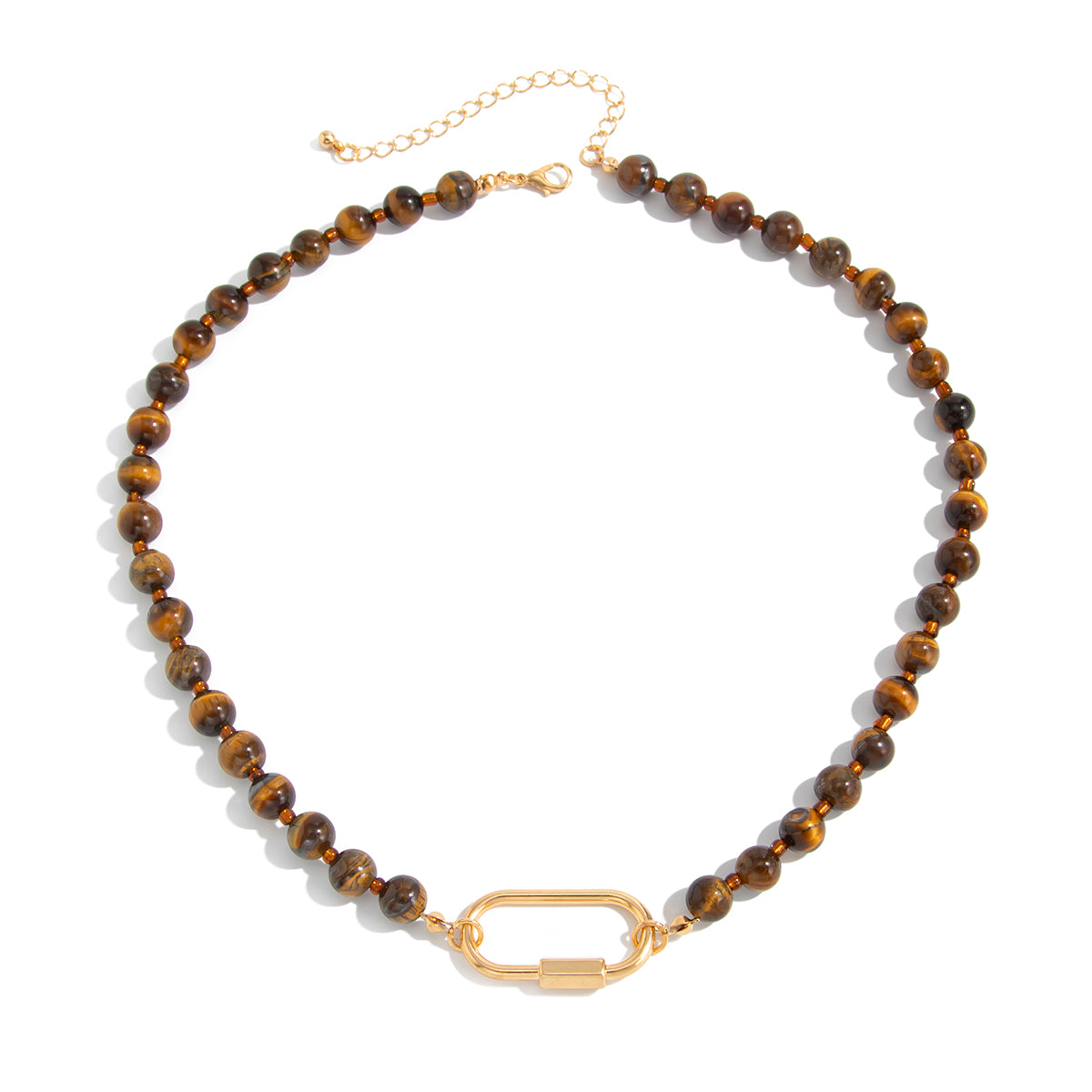Tigereye‌ and Goldtone Open Oval Collar Necklace, botanical inspired, front view