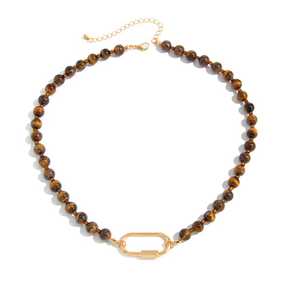 Tigereye‌ and Goldtone Open Oval Collar Necklace, botanical inspired, front view