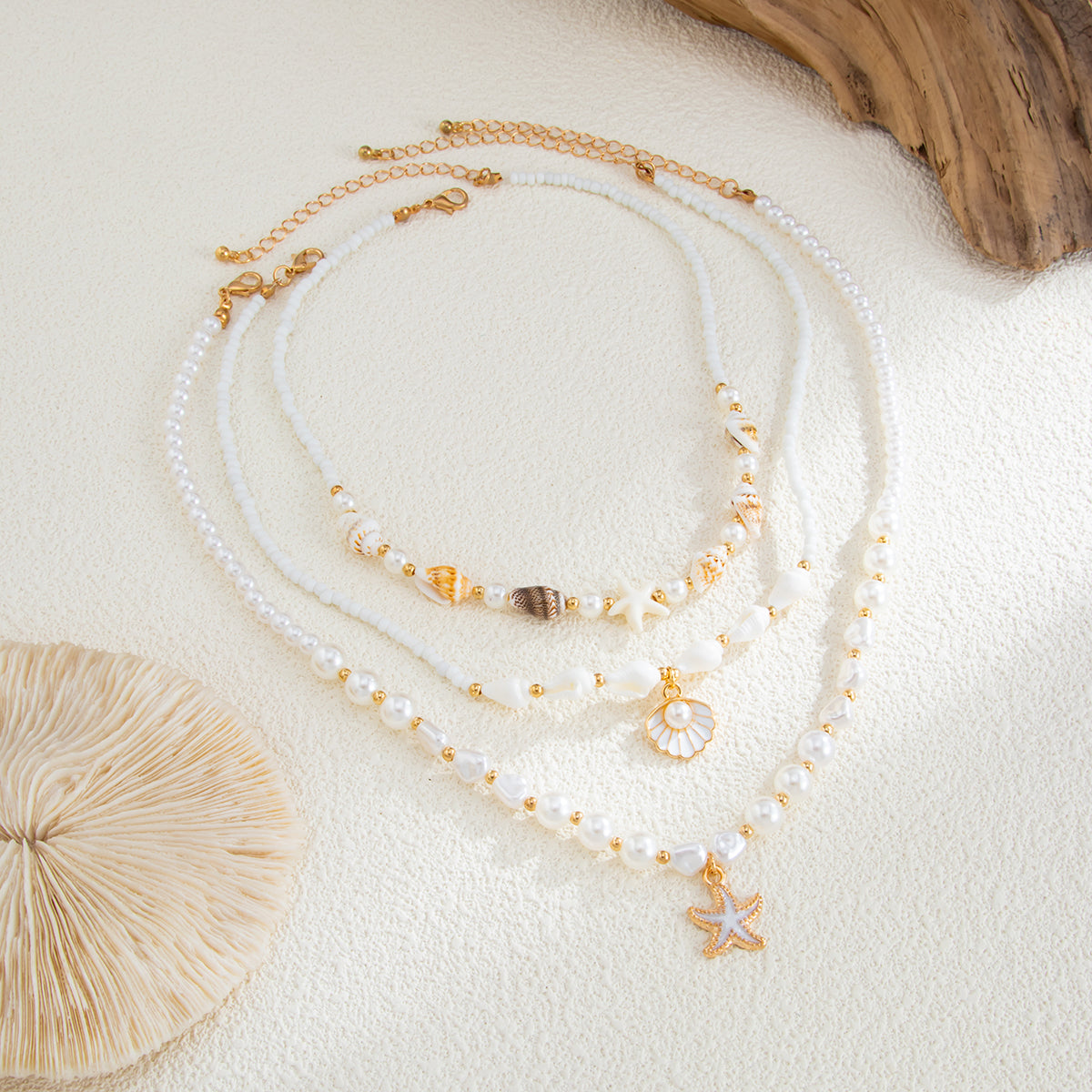 Shell and Pearl Enamel Goldtone Starfish Pendant Necklace Set, gold pendant necklace for women, side view